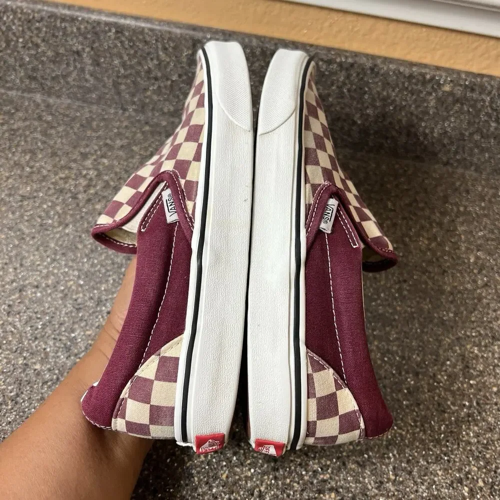 Vans Classic Slip On Skate Shoes Canvas Burgundy Check Print Womens 8.5 Sneakers